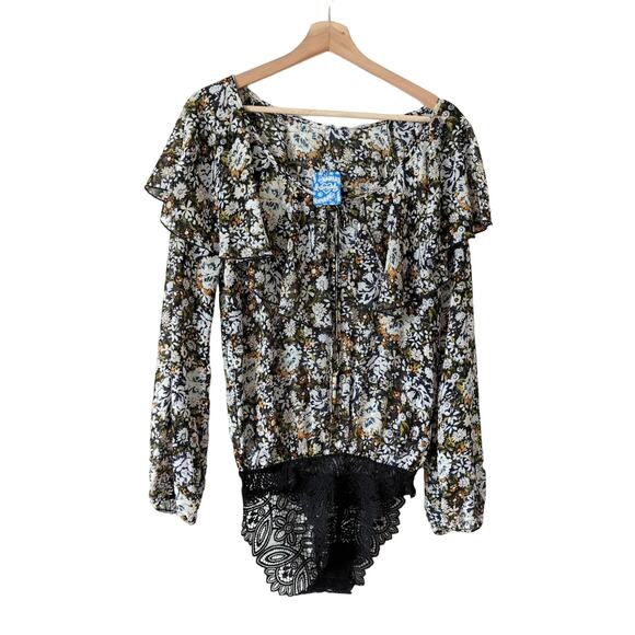 Free People Womens Bodysuit XS Black Floral Blouse Ruffle Long Sleeve NWT $78 - Picture 1 of 8